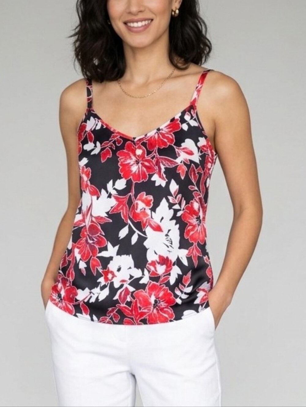 White House Black Market Floral Spaghetti Strap Cami Tank - Red/Black/White 4/S